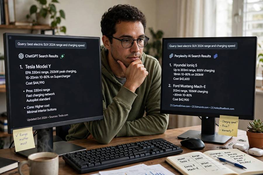 A person comparing AI search results side by side on dual monitors