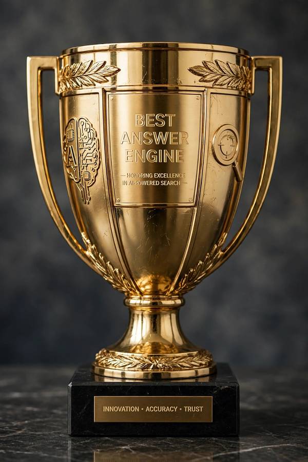 A trophy with AI symbols representing the best answer engine