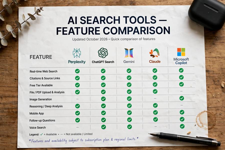 A checklist comparing features of different AI search tools