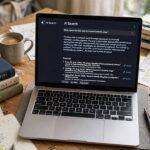 Researcher using an AI search engine with cited answers on a laptop