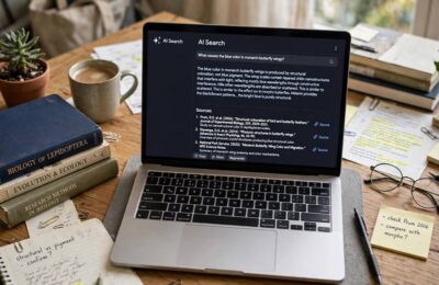 Researcher using an AI search engine with cited answers on a laptop