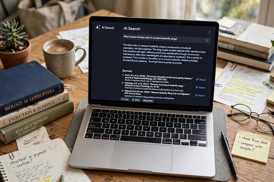Researcher using an AI search engine with cited answers on a laptop