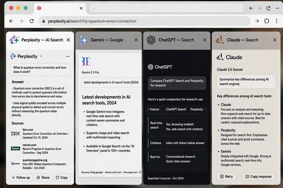 Comparing different AI search engines in browser tabs