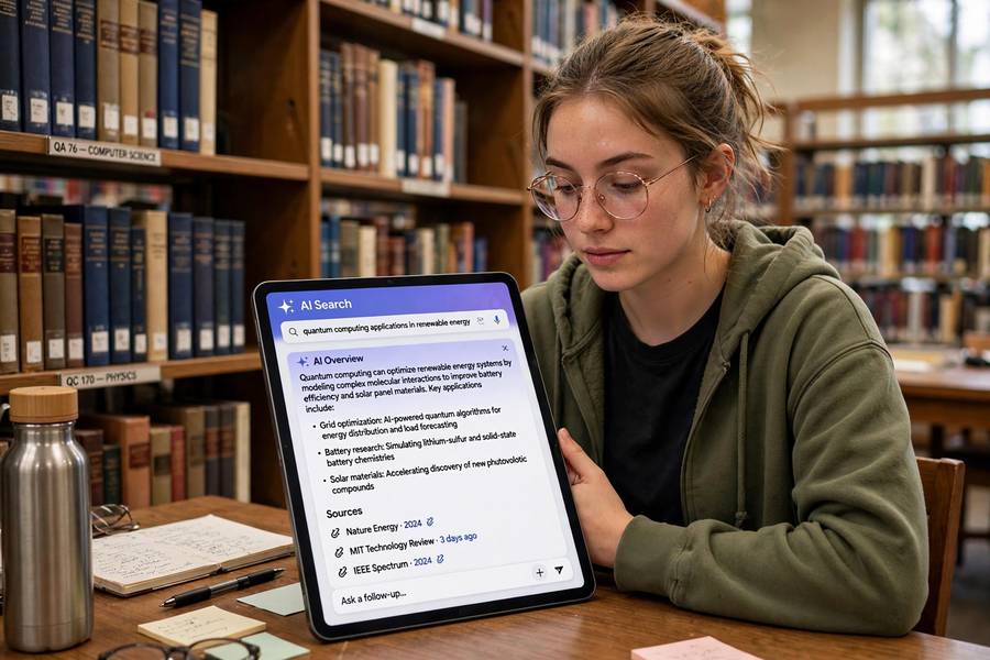 Student researching with an AI search engine in a library