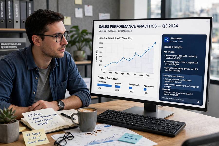 Analyst reviewing AI-explained charts and trends on a monitor