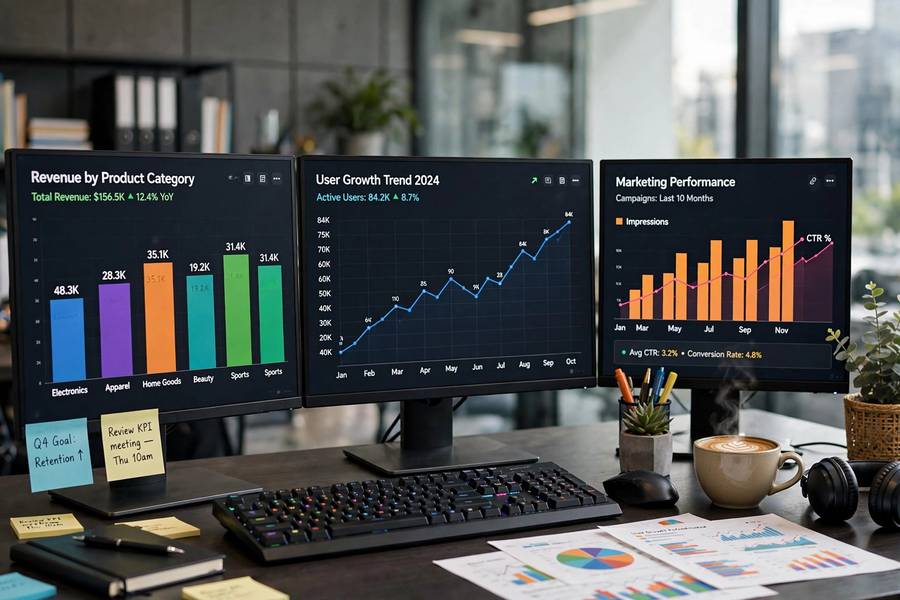 Dashboard with colorful data visualizations and charts