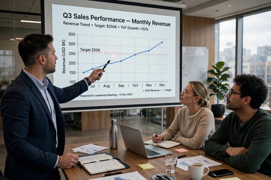 Person presenting a data chart to colleagues in a meeting room
