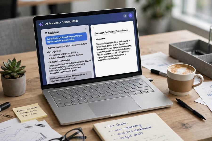 AI assistant helping draft a document on a laptop in a modern office