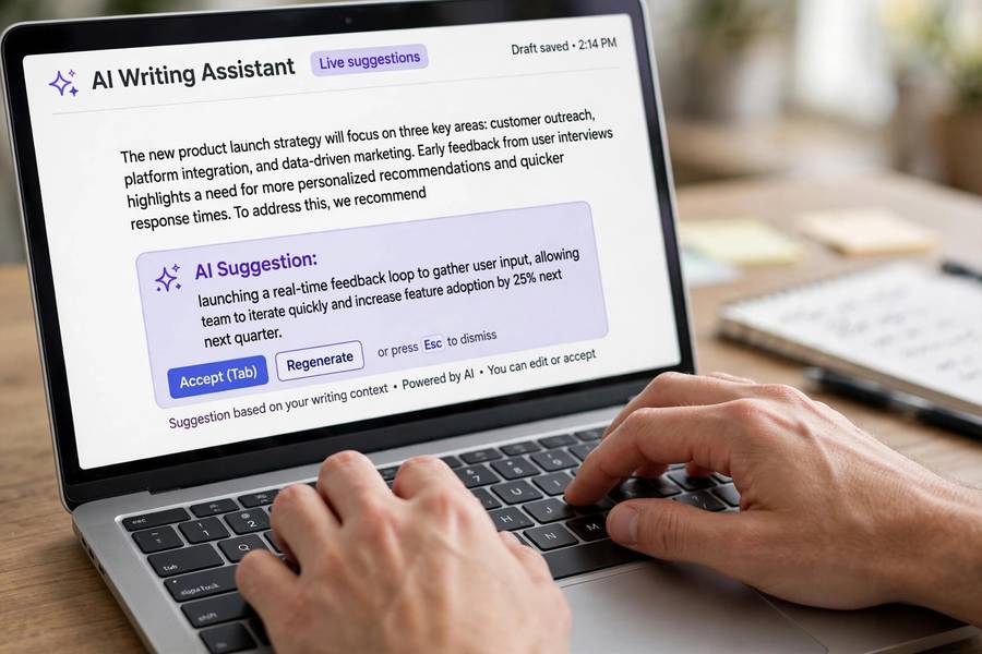 AI writing tool suggesting text completions on a laptop