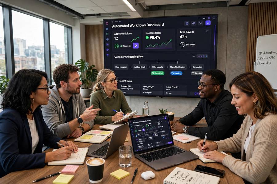Office team reviewing automated AI workflows on a large screen
