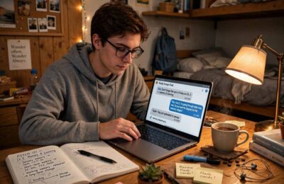 A student using an AI study tool on a laptop at a dorm desk
