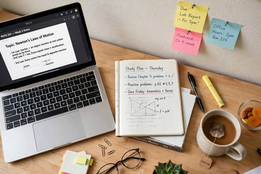 An organized student study desk with laptop and notes