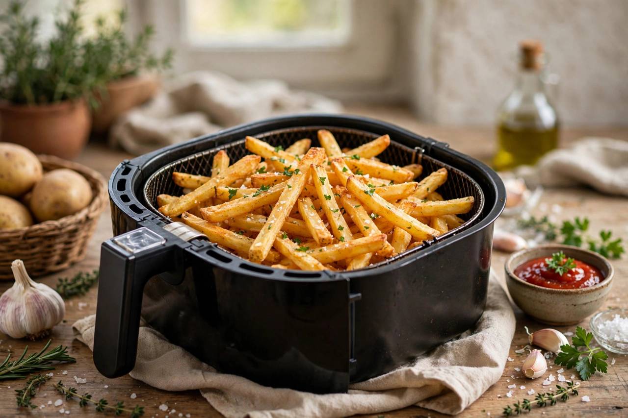 Crispy golden french fries served in the air fryer basket