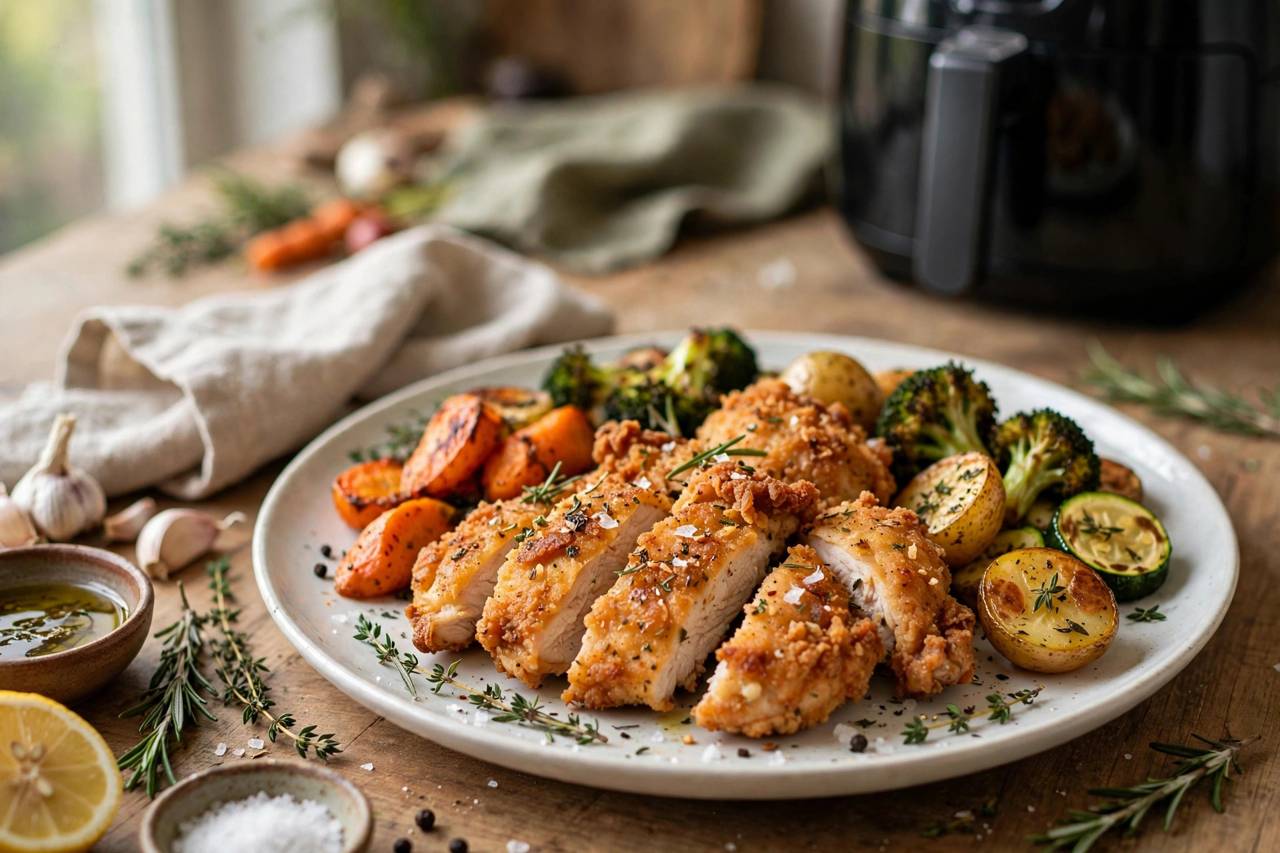 Air fried chicken pieces with roasted vegetables on a dinner plate