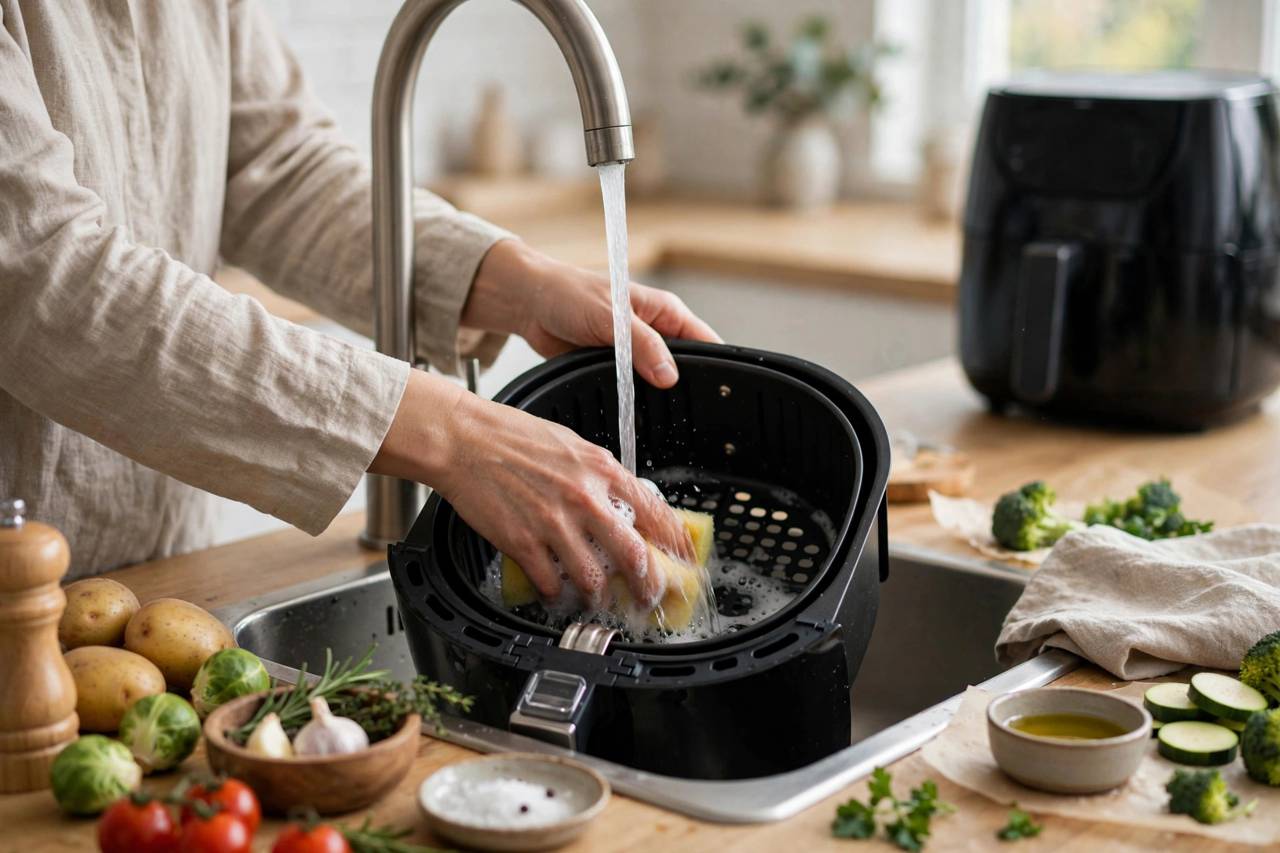Hands washing an air fryer basket in a kitchen sink with a soft sponge