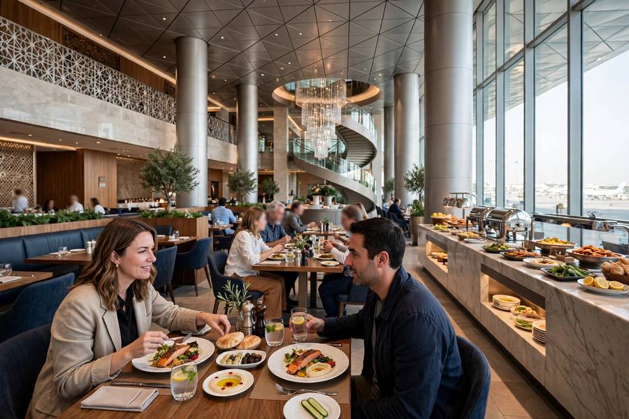 Qatar Al Mourjan business lounge interior with restaurant