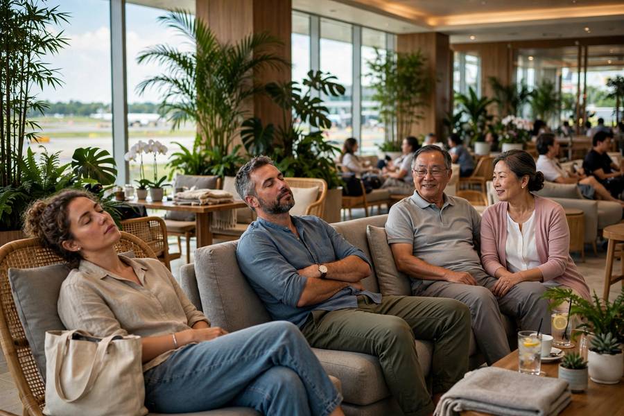 Singapore Changi lounge with travelers relaxing