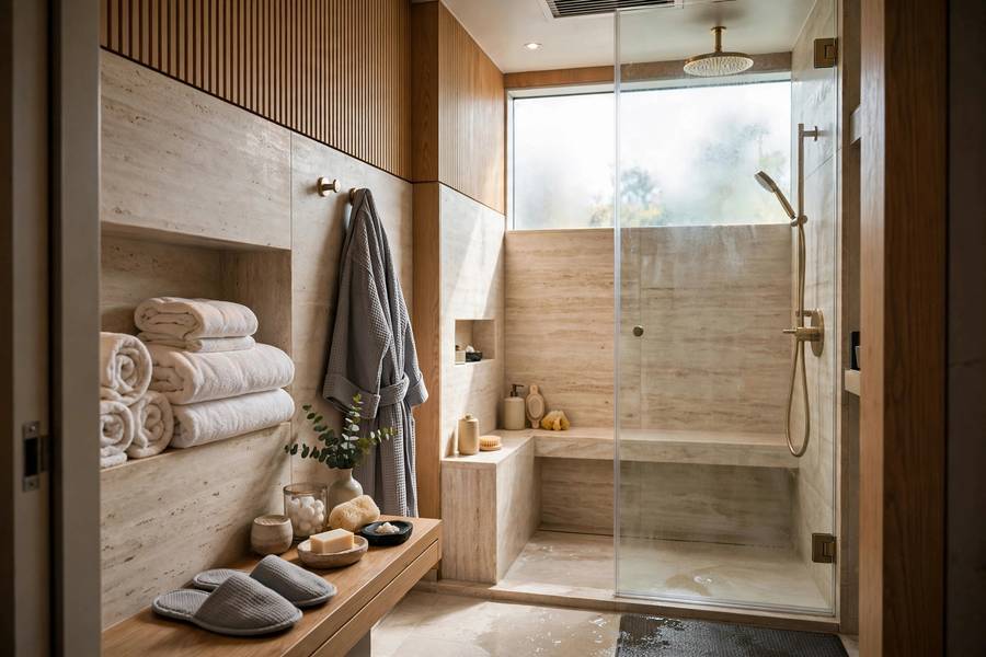 Airport lounge shower suite with luxury amenities