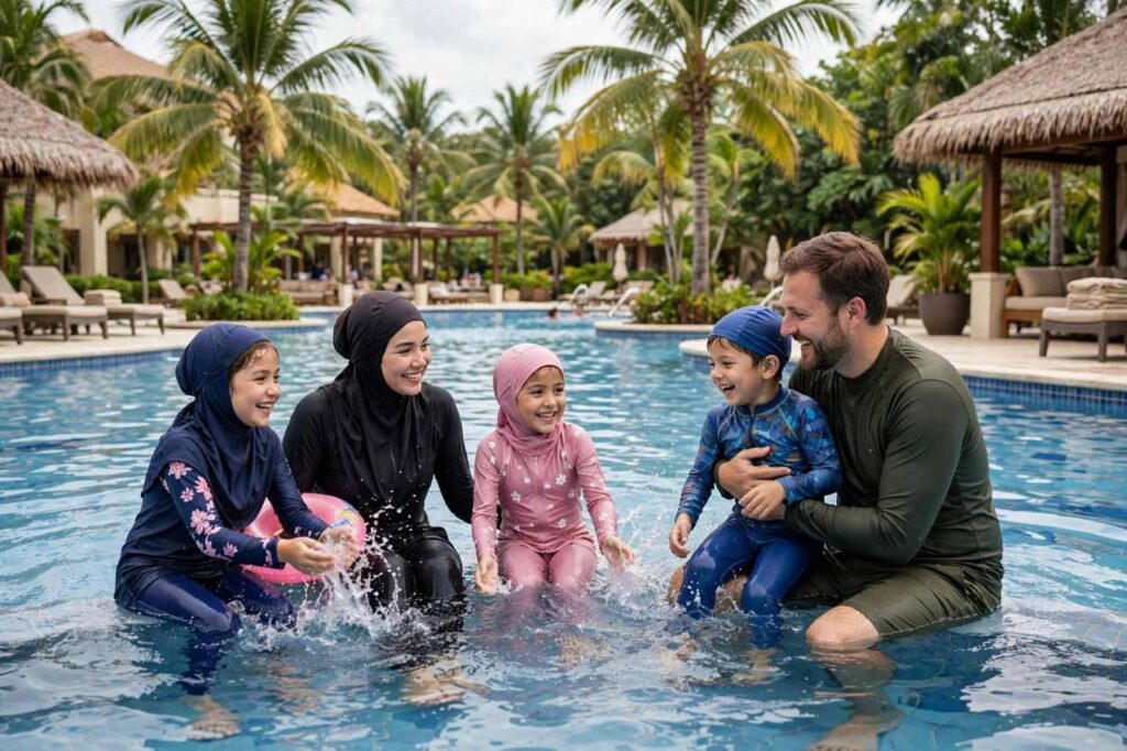 Family with children enjoying a large resort swimming pool at an all inclusive resort