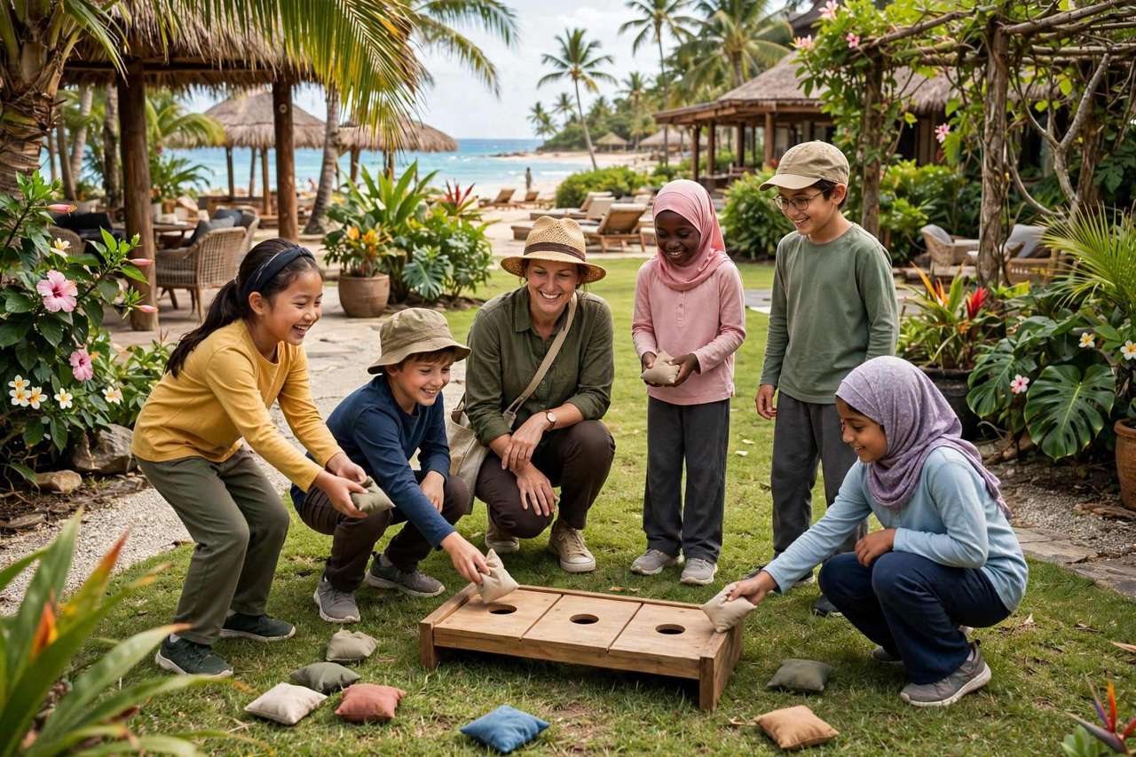 Kids club activities with children playing supervised games at a beach resort