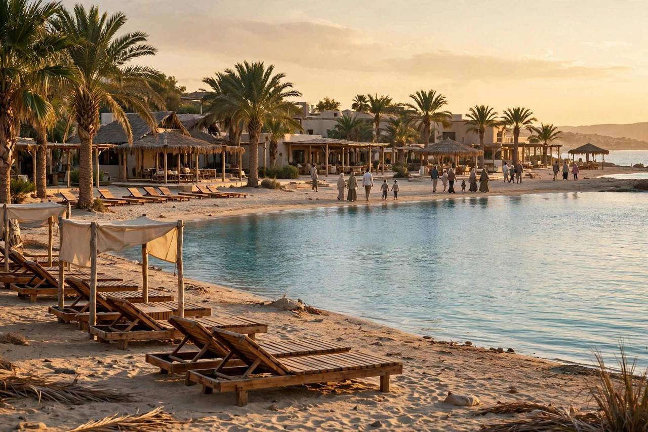 Beachfront family resort with palm trees and calm turquoise water
