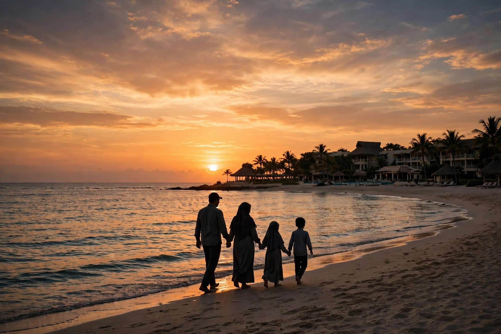 Family walking along the beach at sunset near their all inclusive resort