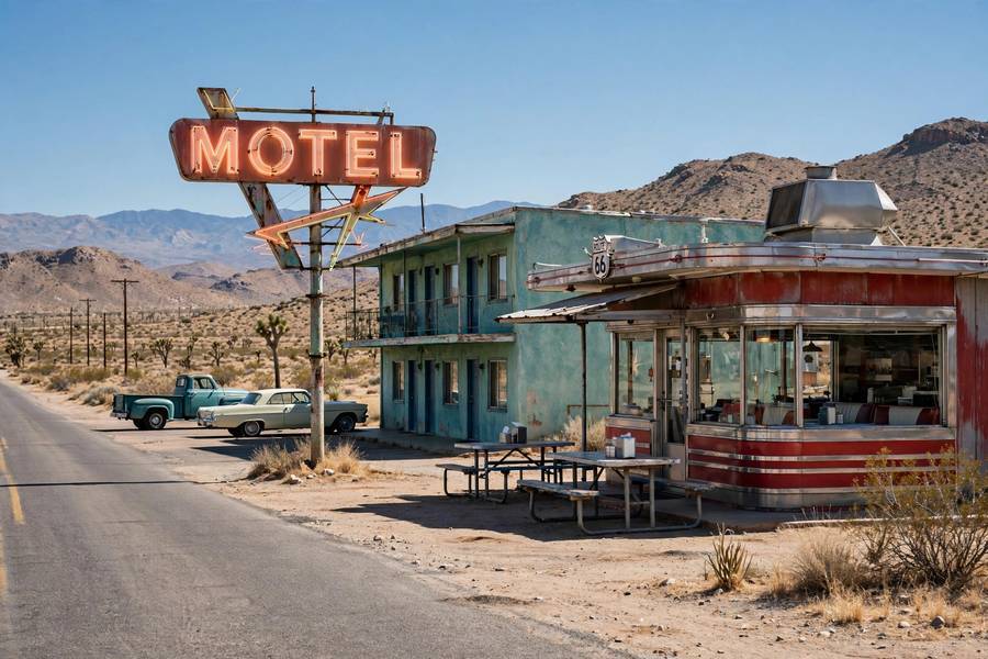 Classic Route 66 Americana — neon signs and diners along one of the most iconic best American road trips