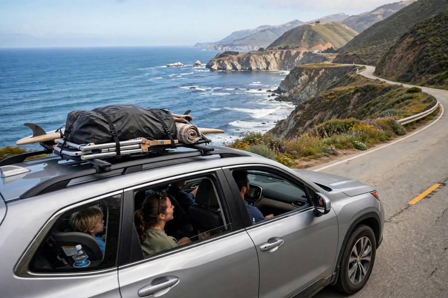 Family car driving Pacific Coast Highway with ocean cliffs view