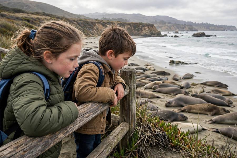 Kids watching elephant seals at Piedras Blancas California coast