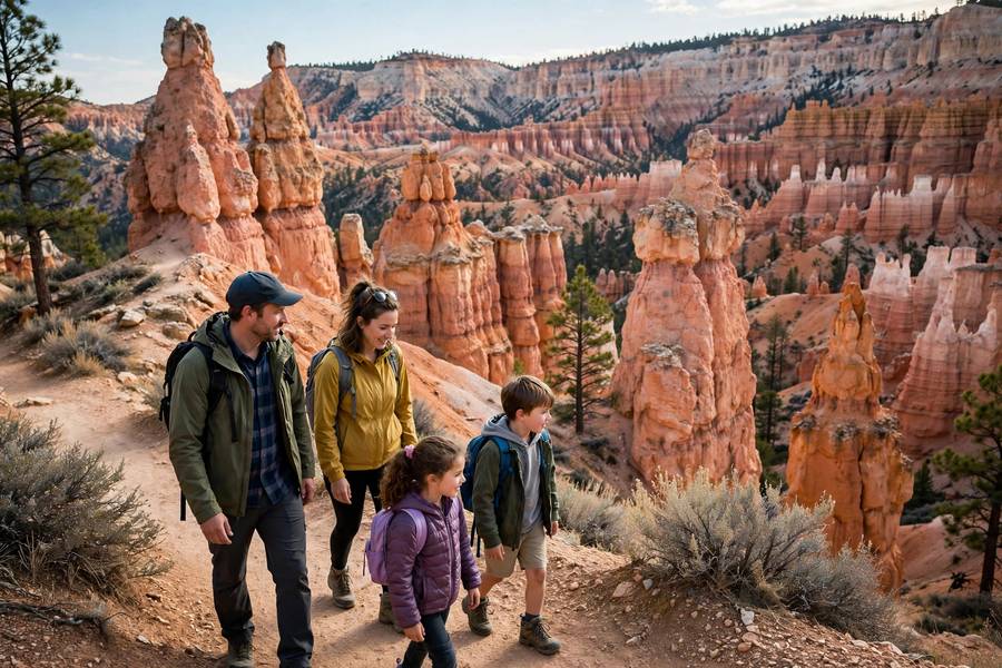 Family hiking among hoodoos in Bryce Canyon National Park Utah
