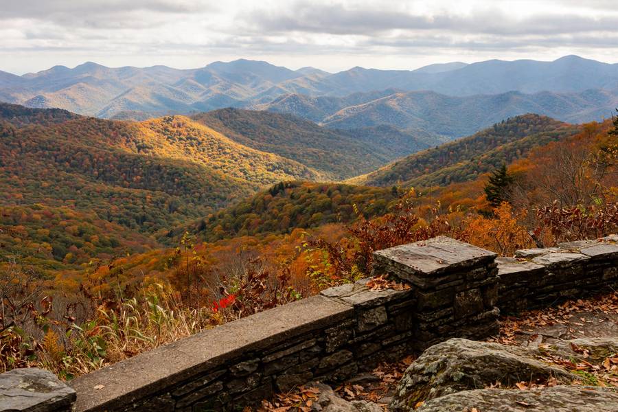 Blue Ridge Parkway overlook with fall foliage mountains
