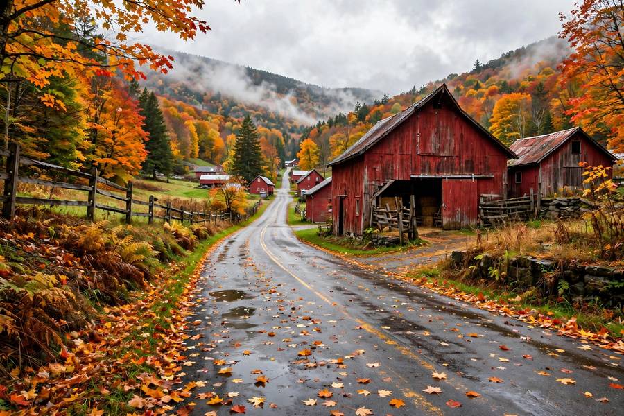 Vermont Route 100 with red barns and autumn color