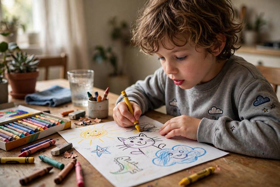 Child inspired by the best animated movies drawing cartoons