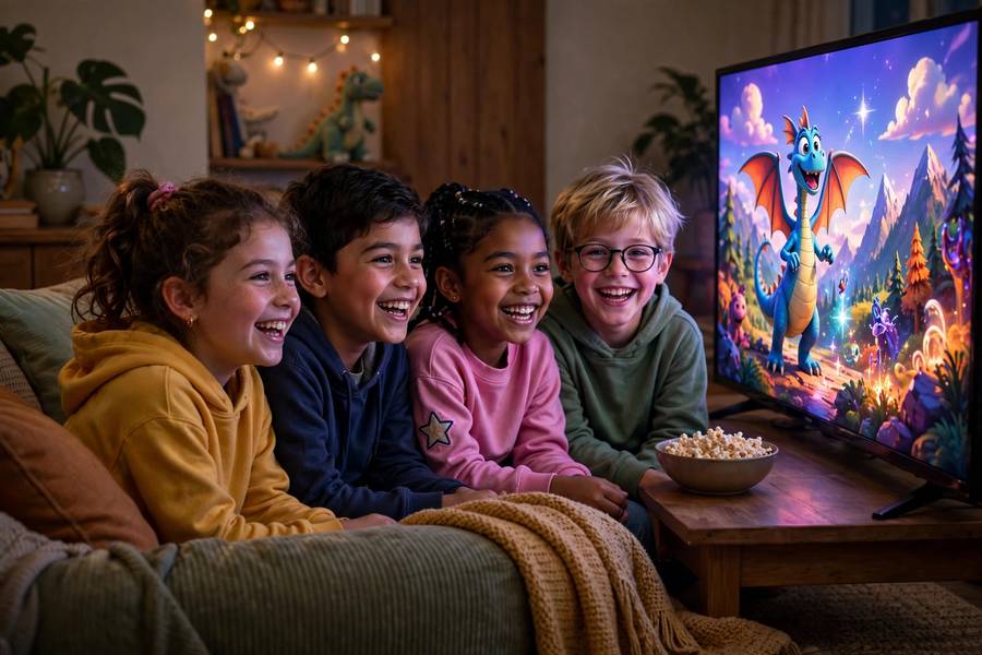 Happy kids watching a colorful animated movie together on a couch