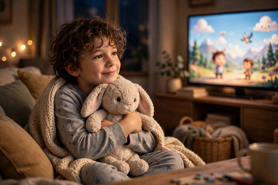 A child hugging a plush toy while watching an animated film
