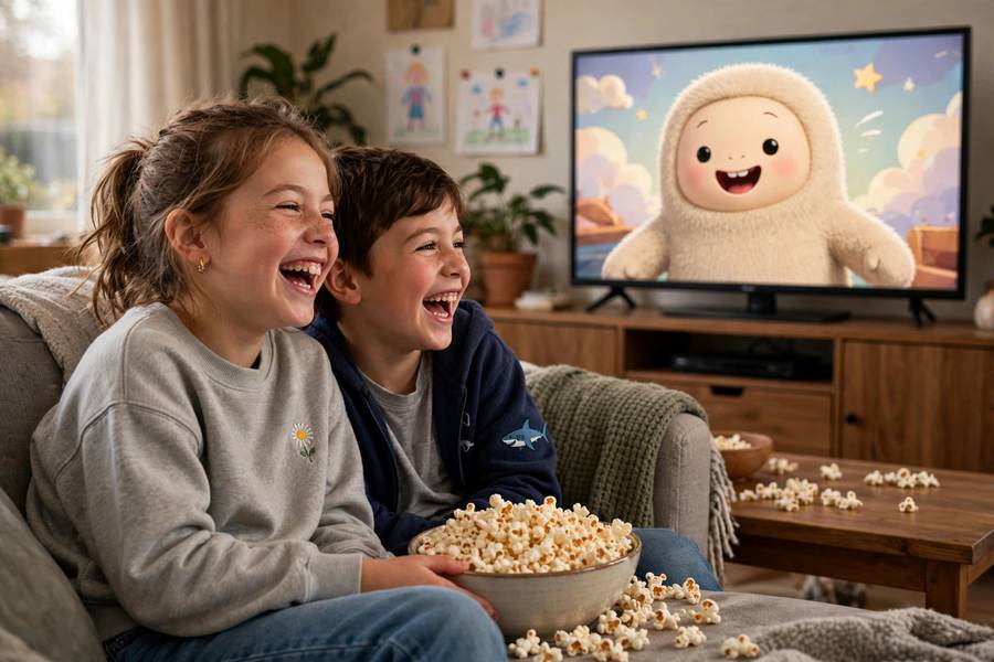 Two siblings laughing at a funny animated character on TV