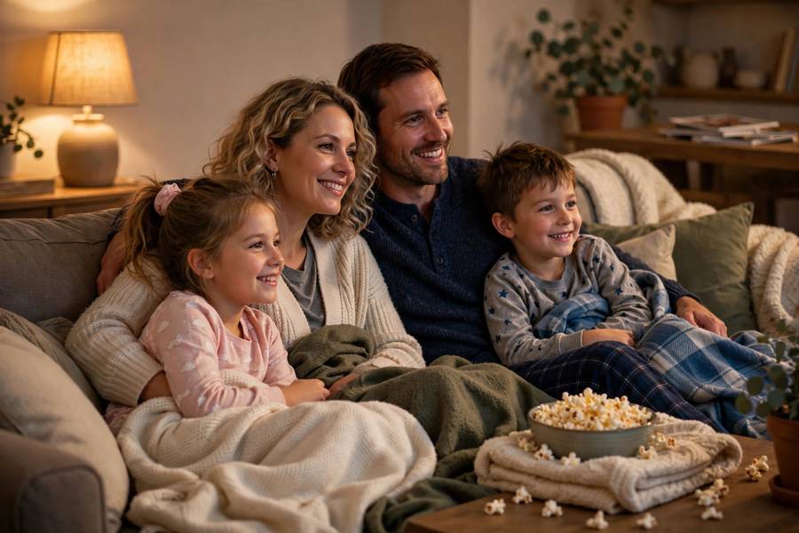 A family enjoying an animated movie night with popcorn and blankets