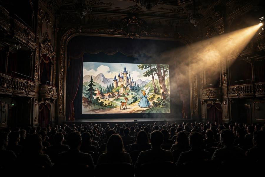 A grand cinema screen showing a classic animated film to an audience