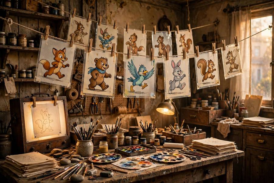 A vintage animation studio with hand-drawn cels hanging to dry