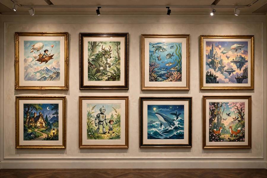 A wall of framed iconic animation art in a gallery setting
