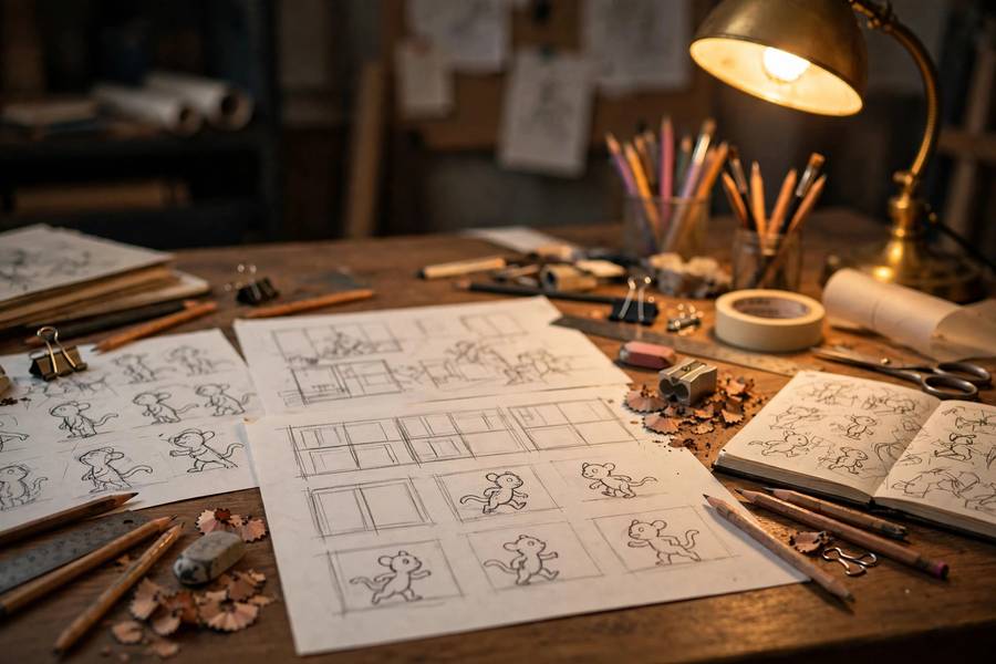 An animator's desk with sketches, pencils, and storyboards in warm light