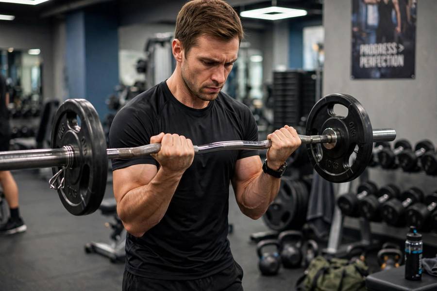 Man performing barbell bicep curls as one of the best arm exercises