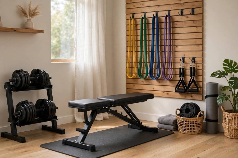 Home arm workout setup with dumbbells and resistance bands