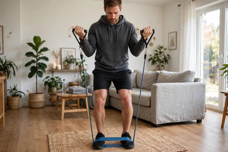 Man doing resistance band curls at home