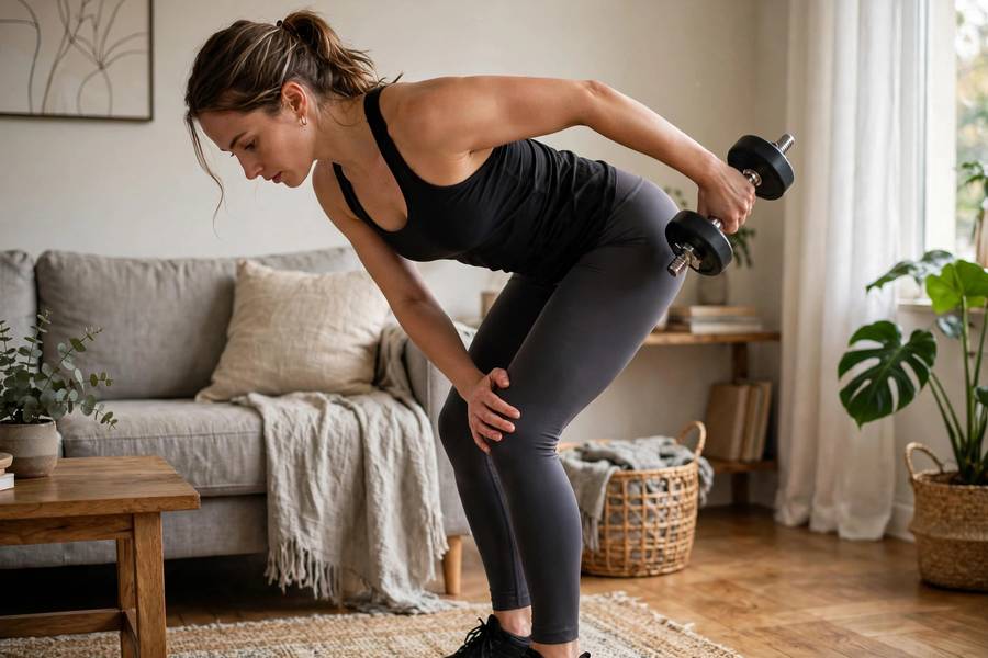 Woman doing dumbbell tricep kickbacks in living room