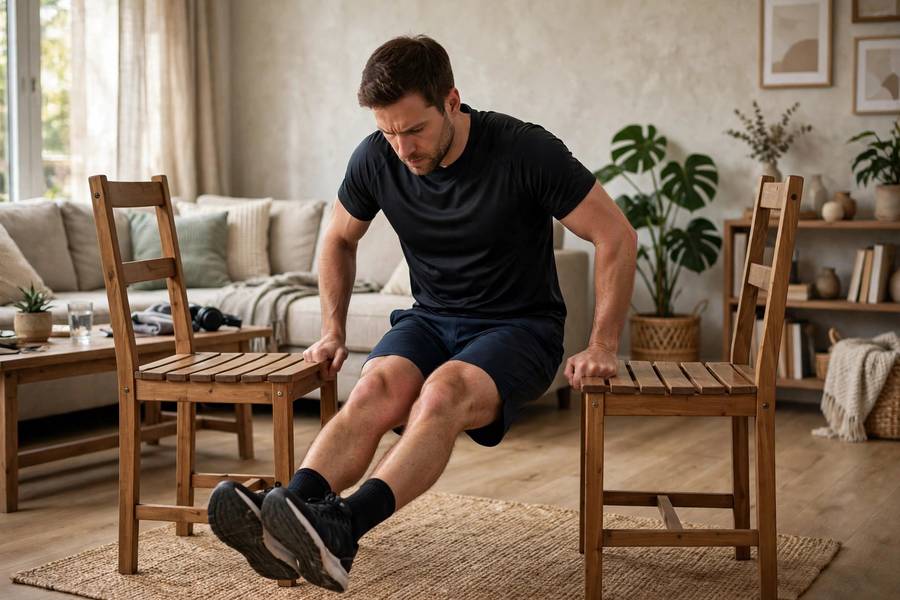 Person doing chair dips during a home arm workout