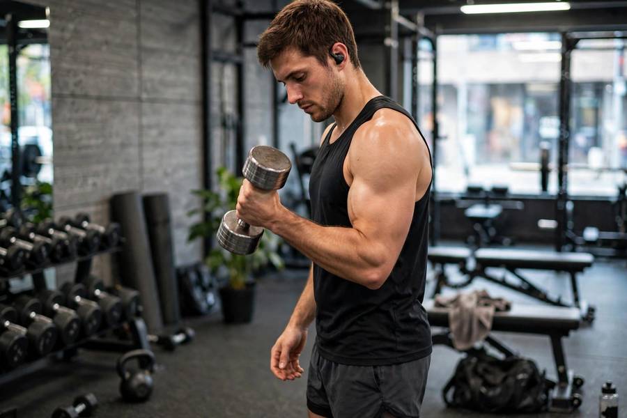 Athlete doing dumbbell hammer curls in a home gym