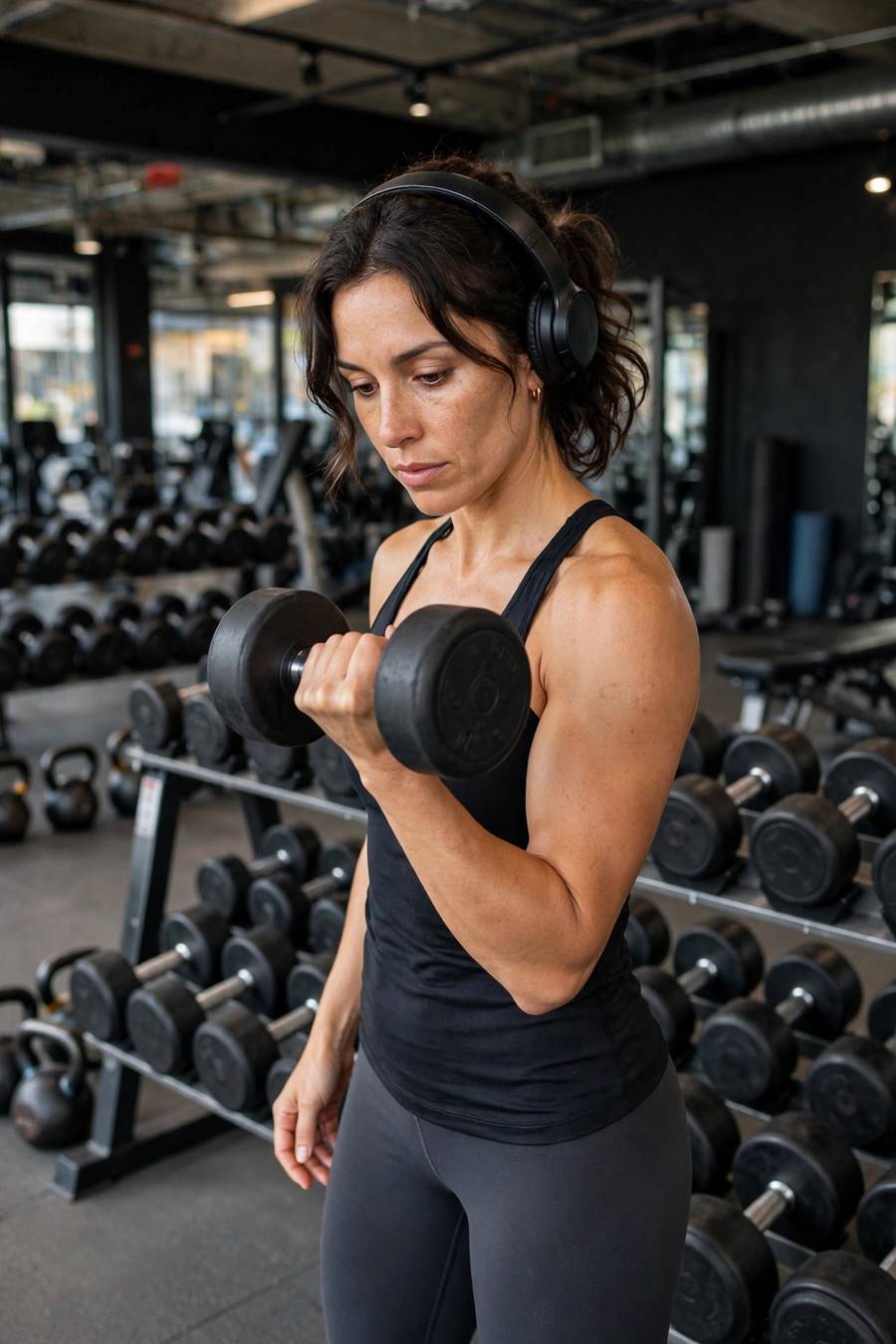 Person doing a dumbbell arm workout with a full set of dumbbells