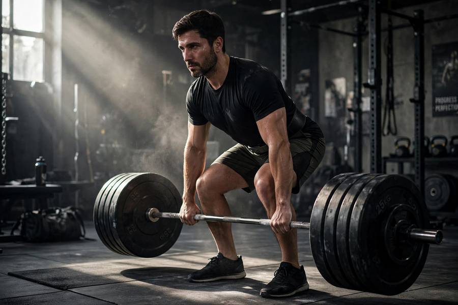 Man performing a barbell deadlift with proper form as one of the best back workouts