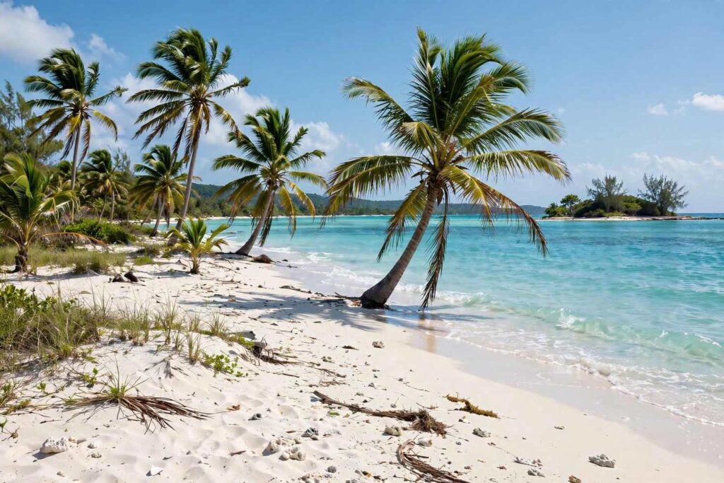 Turquoise Caribbean beach with palm trees under bright December sunshine